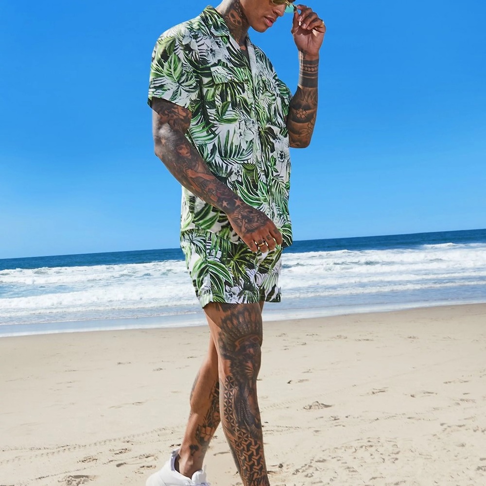 Boohoo Man palm/tropical 2 piece swim set